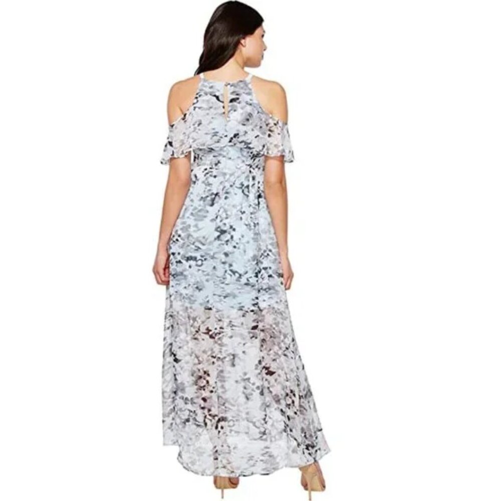 Vince Camuto blue/gray floral cold shoulder halter lined ruffle maxi dress sz 8 - Picture 3 of 11